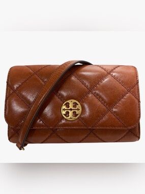 Tory Burch Quilted Leather Crossbody Clutch in Cognac with Gold Logo